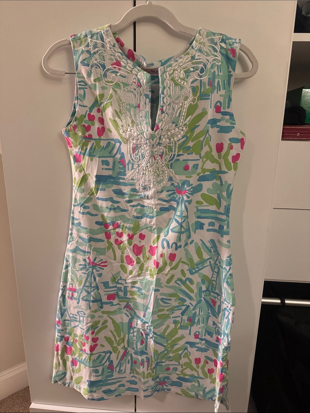 Sleeveless Mini Dress with Embroidered Neckline in Aqua, Green & Pink